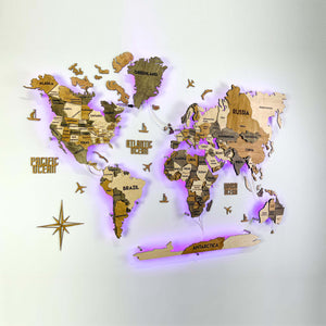 Drewniana wielowarstwowa mapa swiata 3D LED kolor Wonder