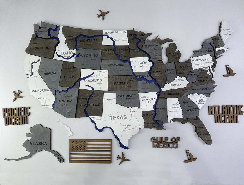 Drewniana mapa USA z rzekami, kolor Loft