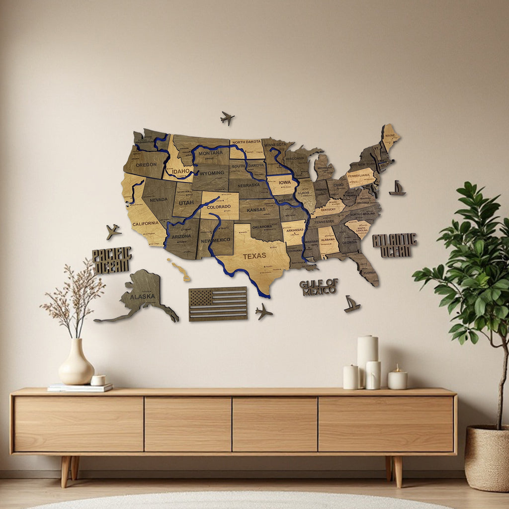 Drewniana mapa USA z rzekami, kolor Elis