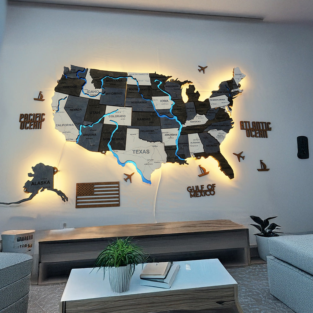 Drewniana mapa USA z LED i rzekami, kolor Loft