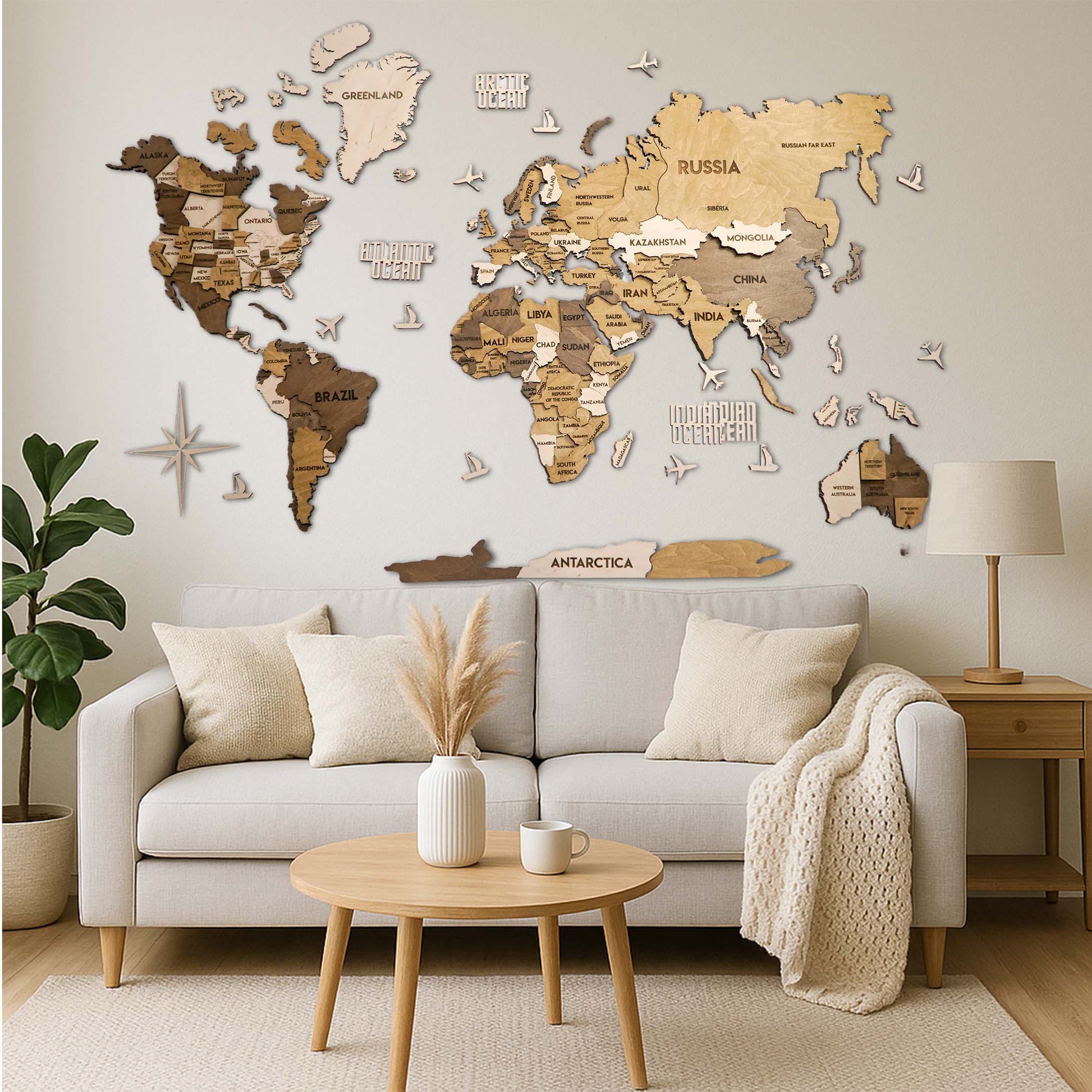 Drewniana wielowarstwowa mapa swiata 3D kolor Terra