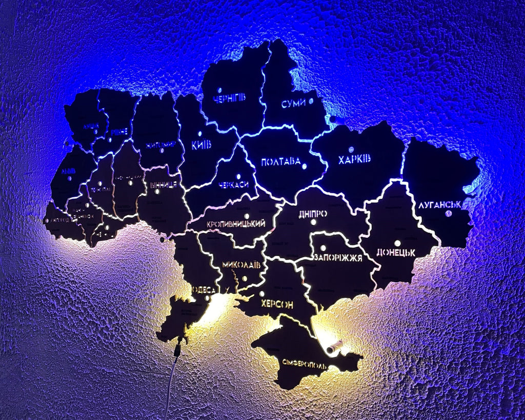 Mapa Ukrainy LED na szkle akrylowym z podświetleniem między regionami kolor Flag 1