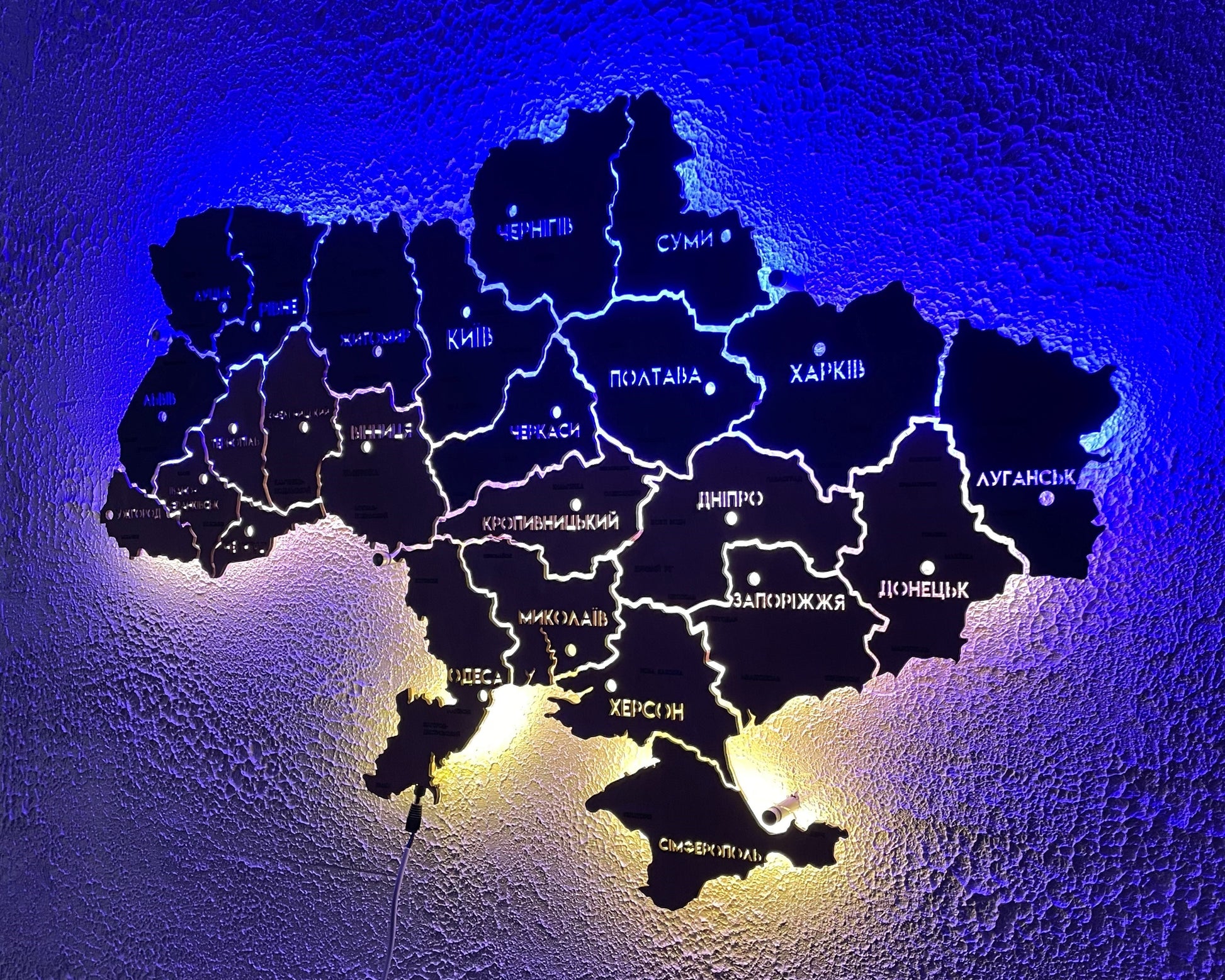 Mapa Ukrainy LED na szkle akrylowym z podświetleniem między regionami kolor Flag 1