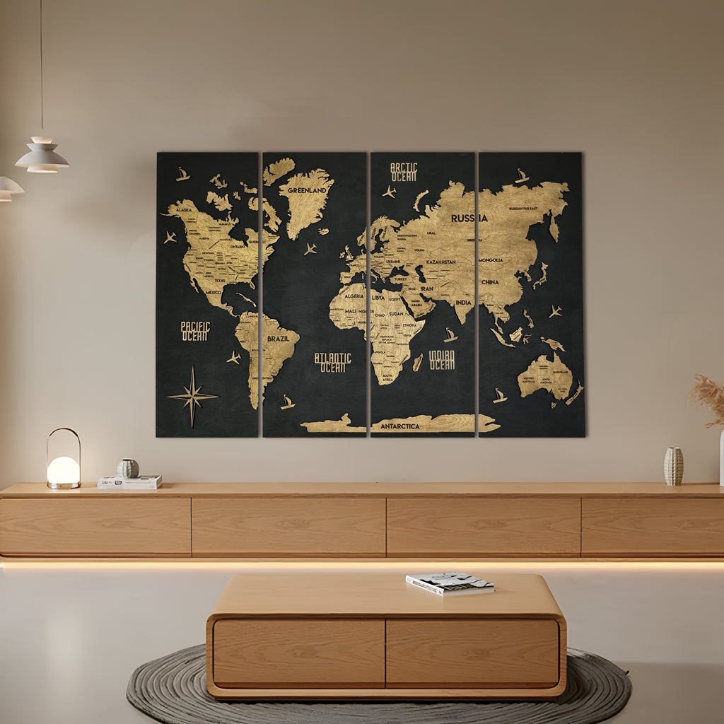Panel 6 — Drewniana mapa świata na ścianę z oświetleniem LED