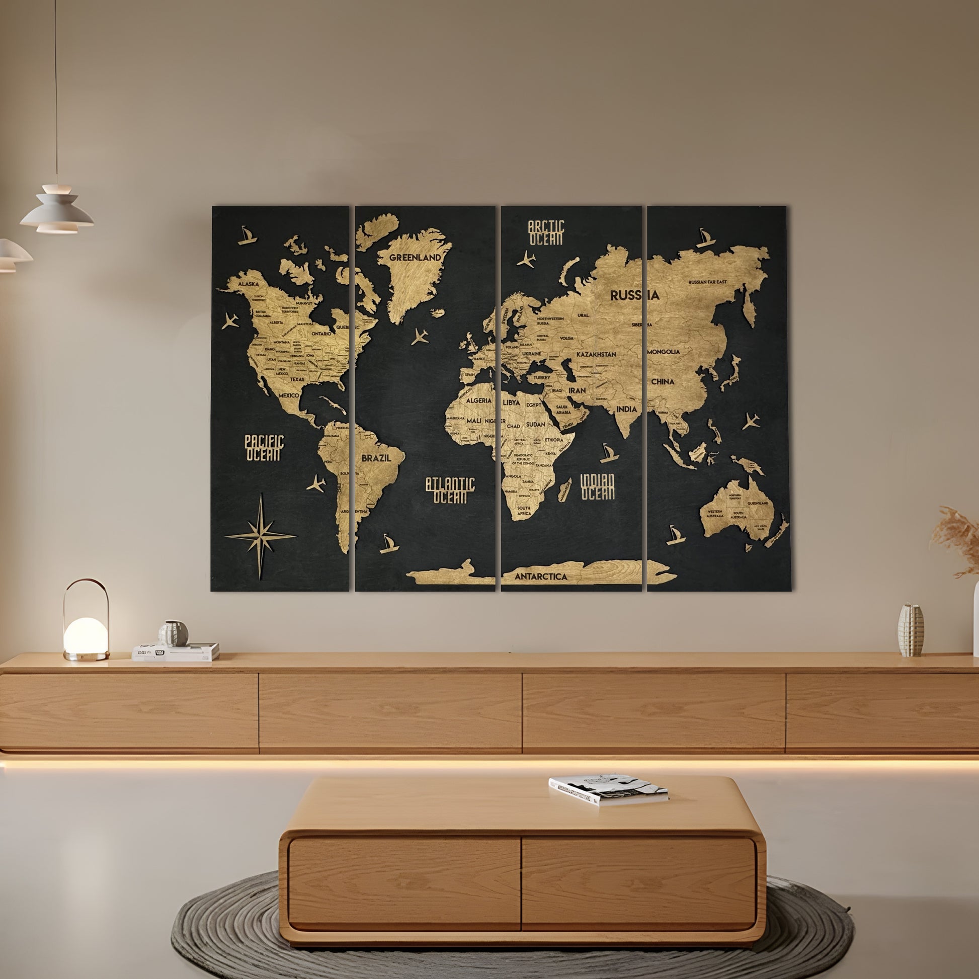 Panel 6 — Drewniana mapa świata na ścianę z oświetleniem LED