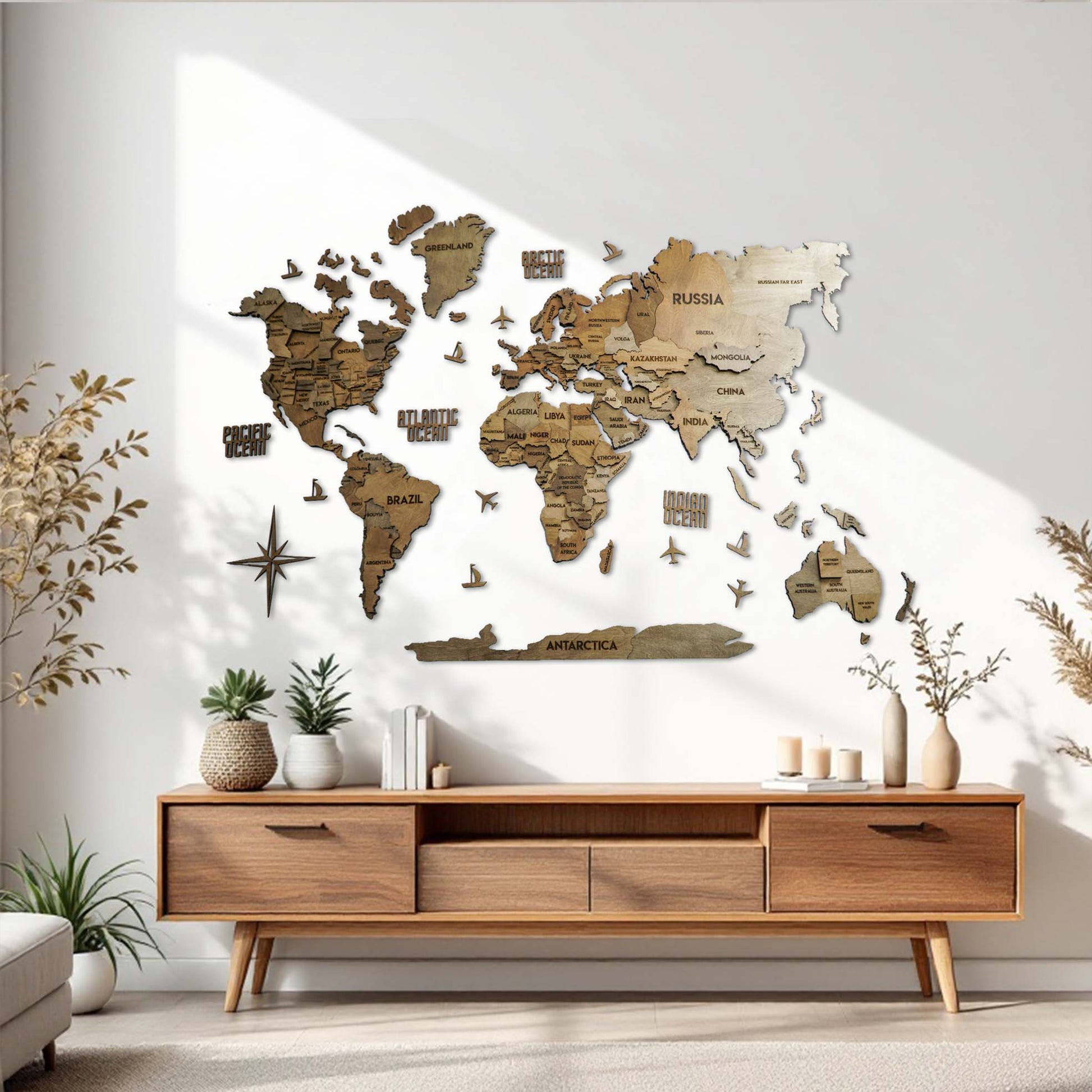Drewniana wielowarstwowa mapa swiata 3D kolor Brown