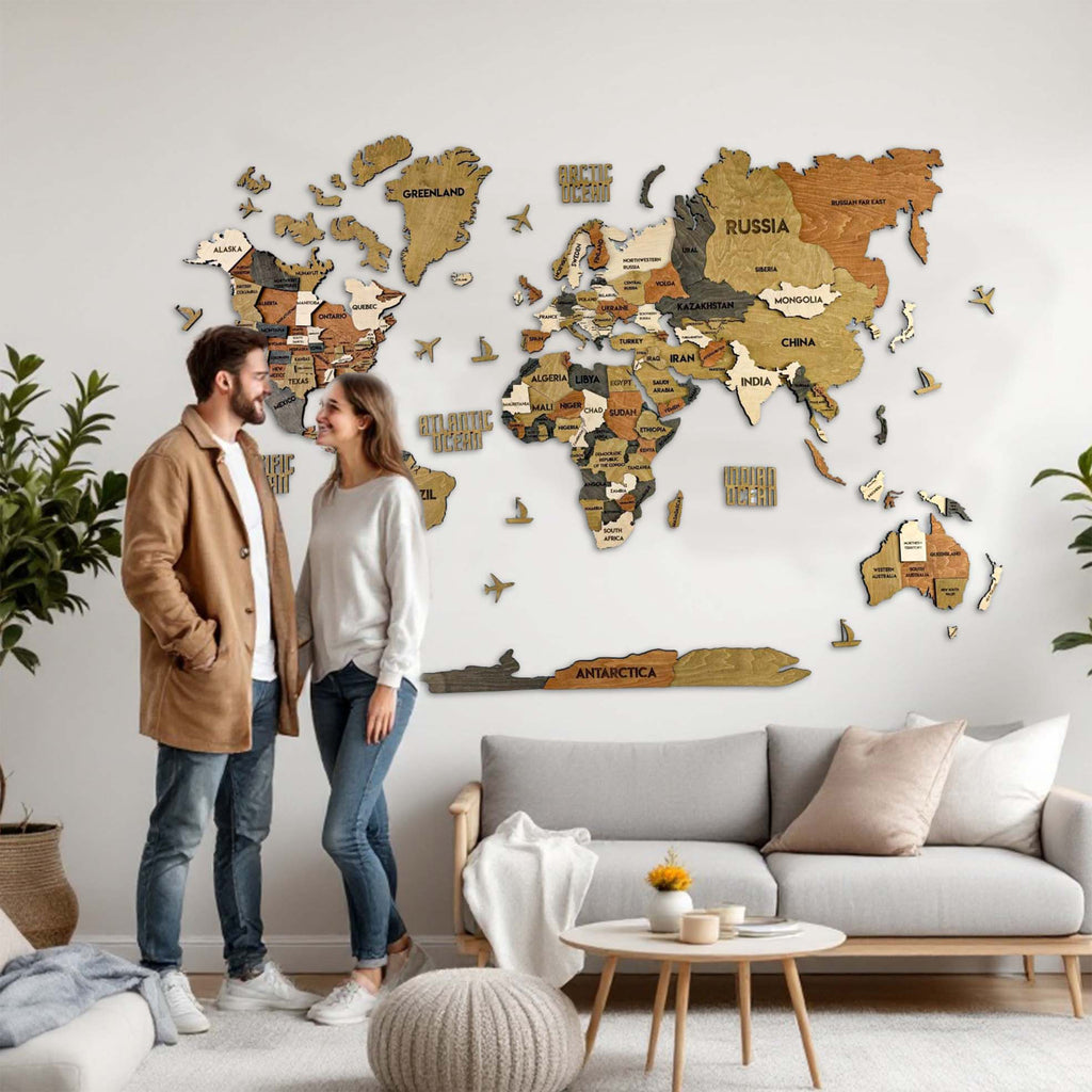 Drewniana wielowarstwowa mapa swiata 3D kolor Classic