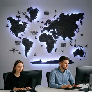 Drewniana wielowarstwowa mapa swiata 3D LED kolor Nero