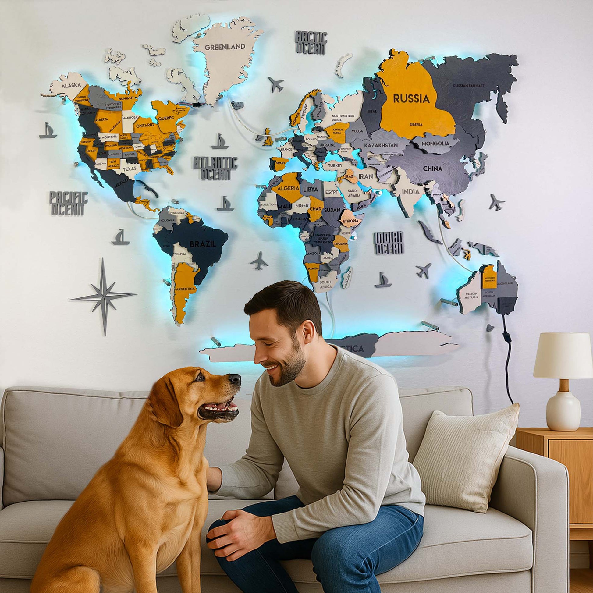 Drewniana wielowarstwowa mapa swiata 3D LED kolor Urban