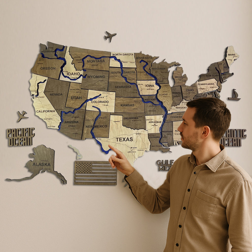 Drewniana mapa USA z rzekami, kolor Wonder