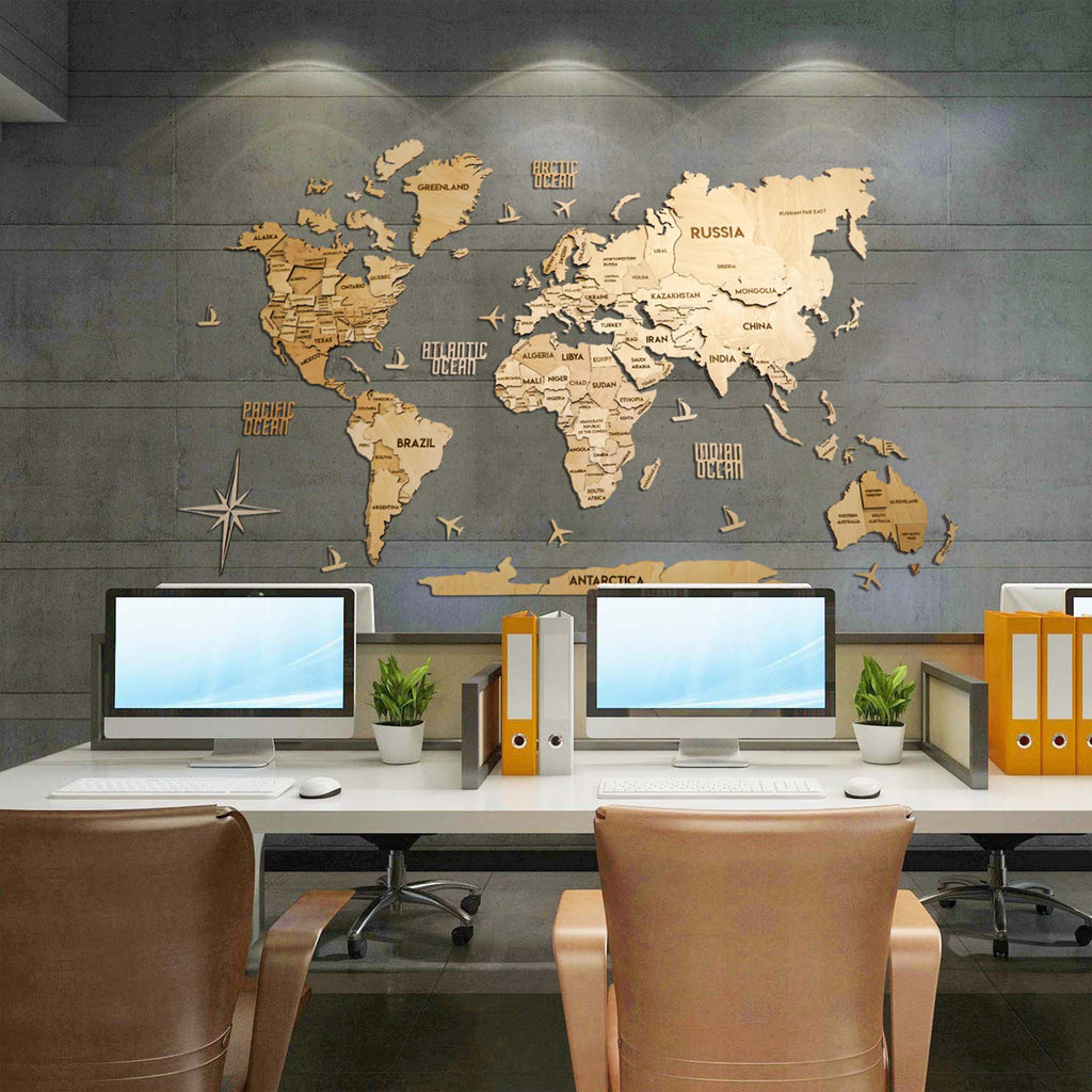 Drewniana wielowarstwowa mapa swiata 3D kolor Natural