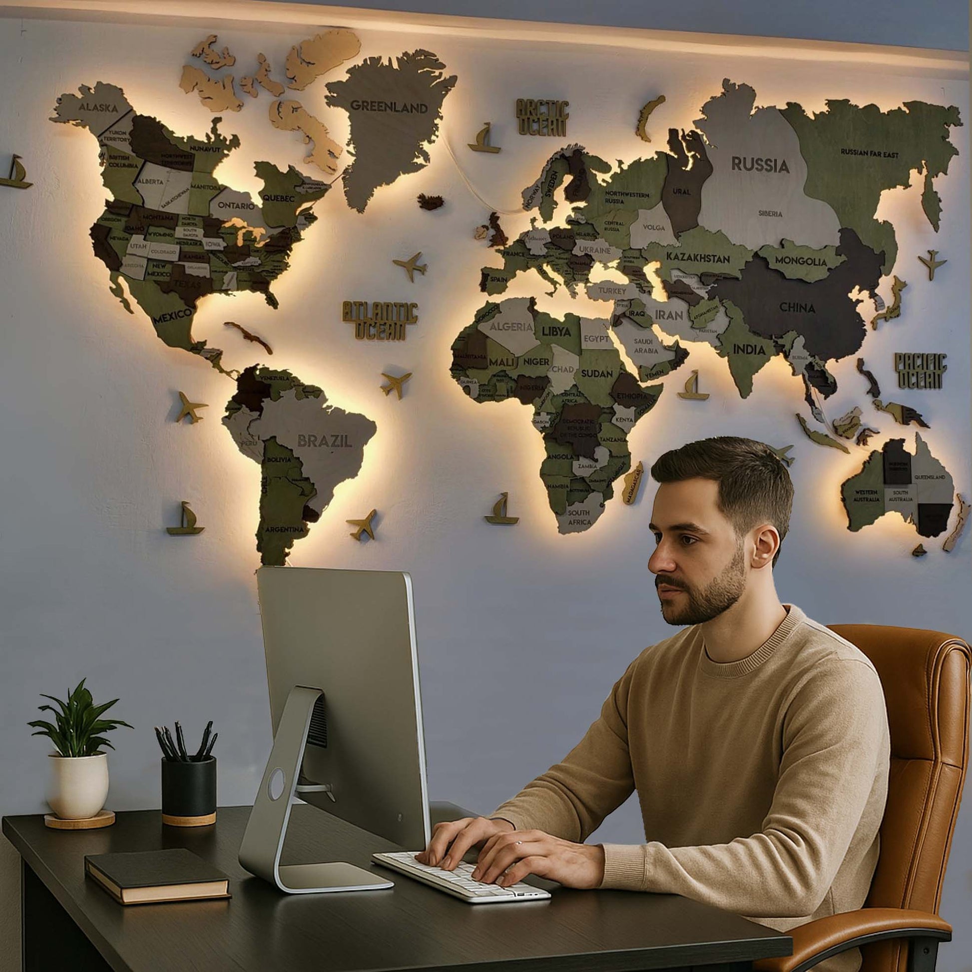 Drewniana wielowarstwowa mapa swiata 3D LED kolor Verde