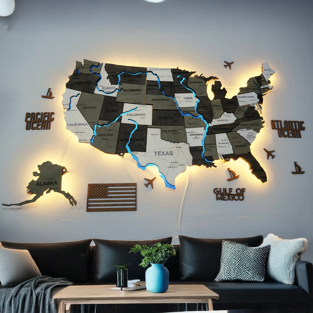 Drewniana mapa USA z LED i rzekami, kolor Czarno-bialy