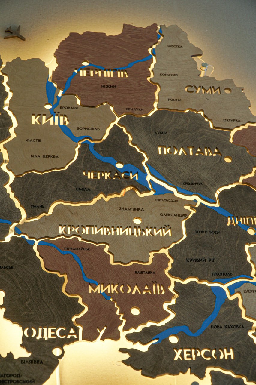Mapa Ukrainy LED na szkle akrylowym z rzekami i podświetleniem między regionami kolor Warm