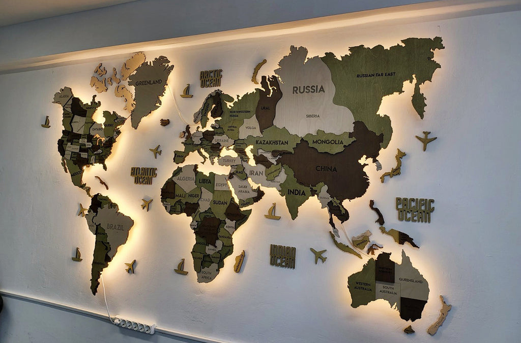 Drewniana wielowarstwowa mapa swiata 3D LED kolor Verde