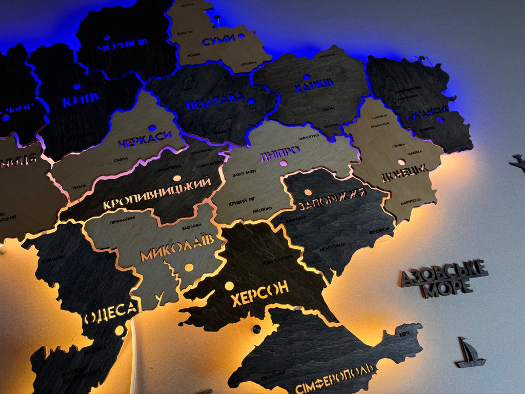Mapa Ukrainy LED na szkle akrylowym z podświetleniem między regionami kolor Brut