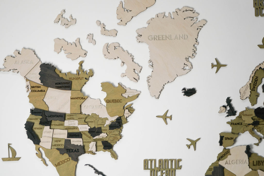 Drewniana wielowarstwowa mapa swiata 3D kolor Verde