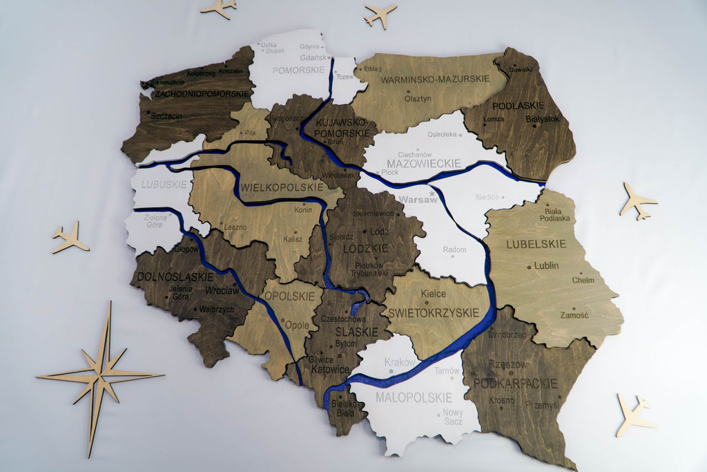 Drewniana wielowarstwowa mapa Polski z malowanymi rzekami, kolor Czarno-bialy