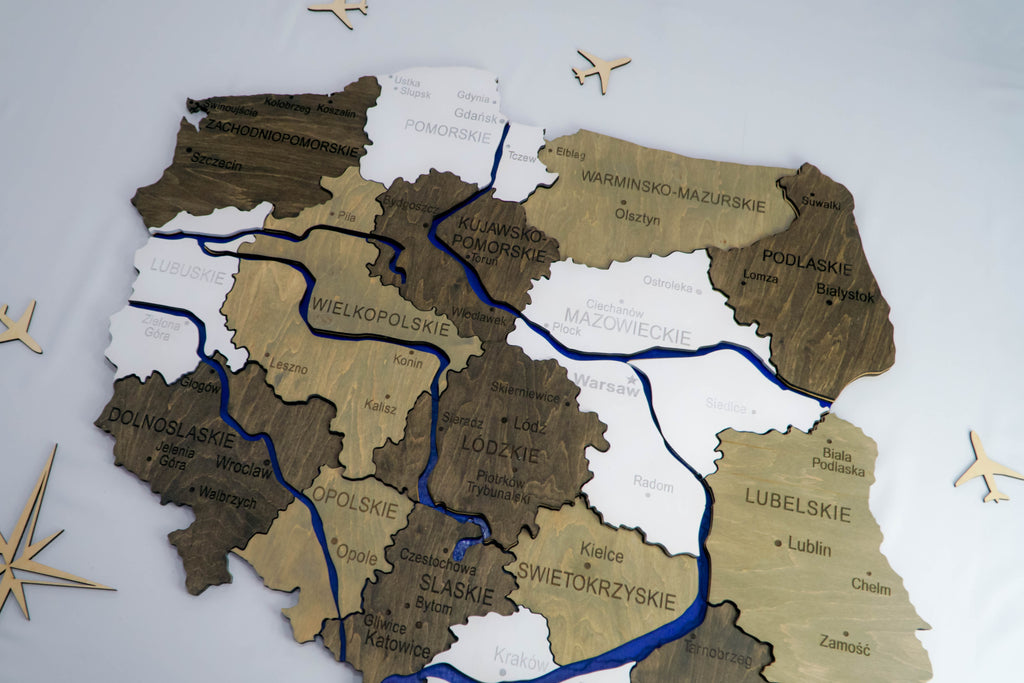 Drewniana wielowarstwowa mapa Polski z malowanymi rzekami, kolor Czarno-bialy