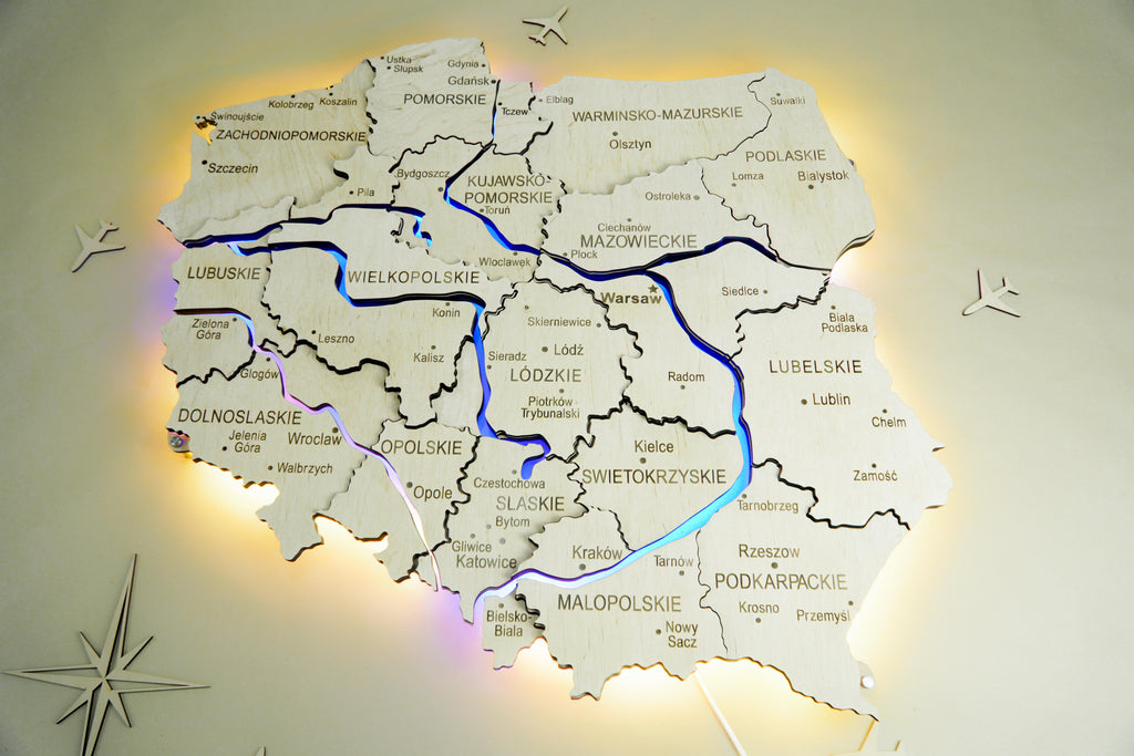 Drewniana wielowarstwowa mapa Polski z podświetlonymi rzekami, kolor Natural