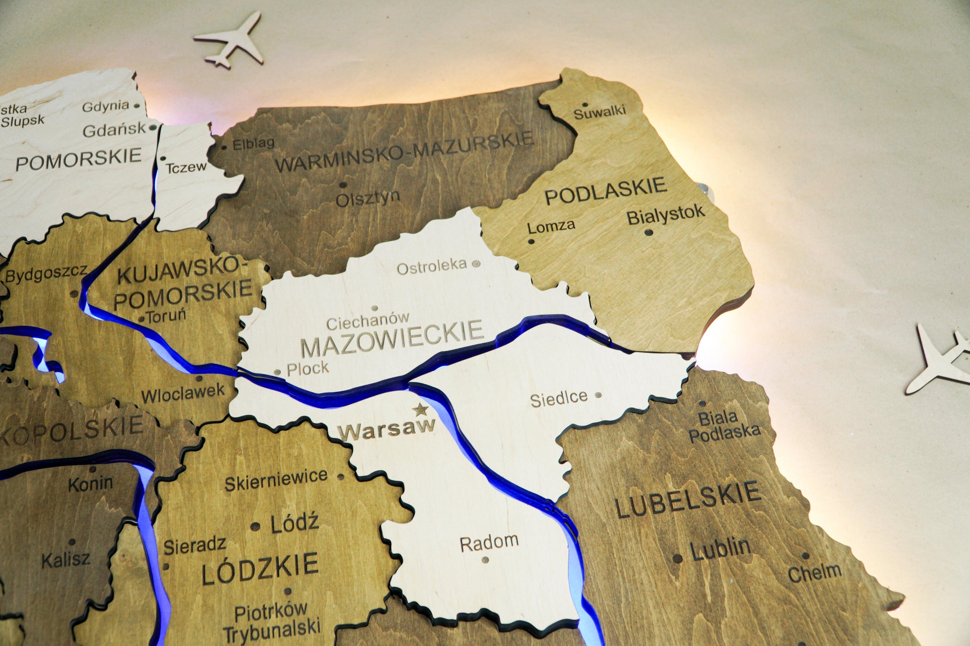Drewniana wielowarstwowa mapa Polski z podświetlonymi rzekami, kolor Wonder