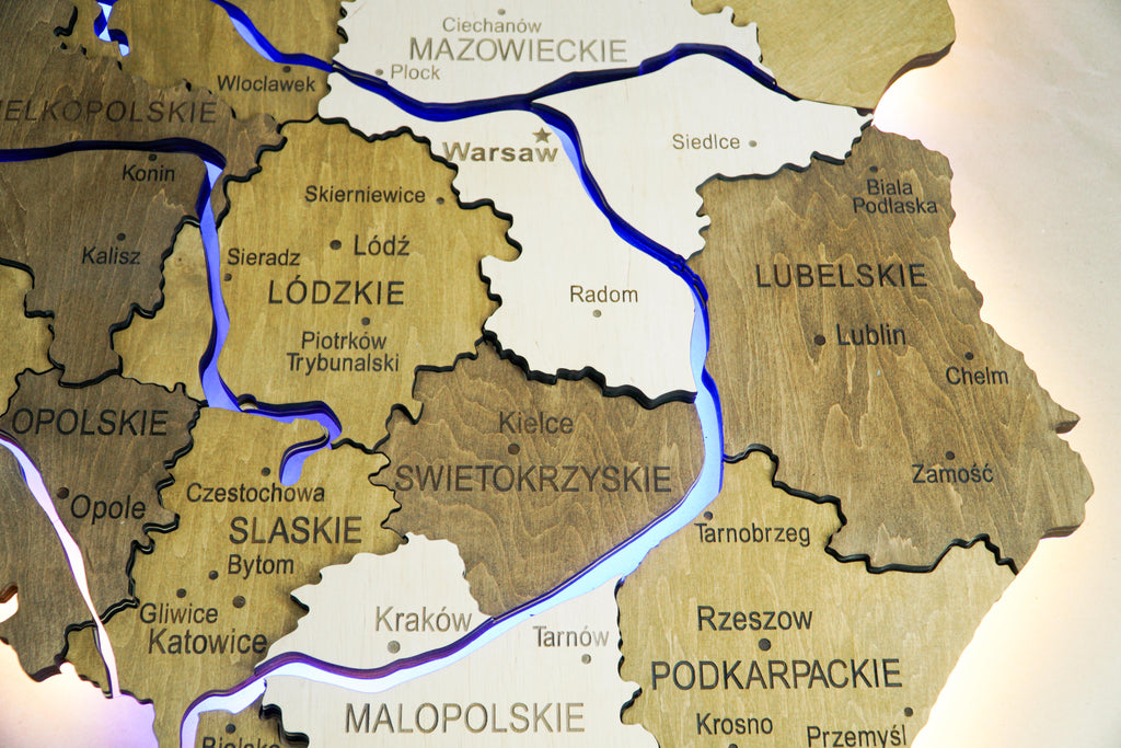 Drewniana wielowarstwowa mapa Polski z podświetlonymi rzekami, kolor Wonder