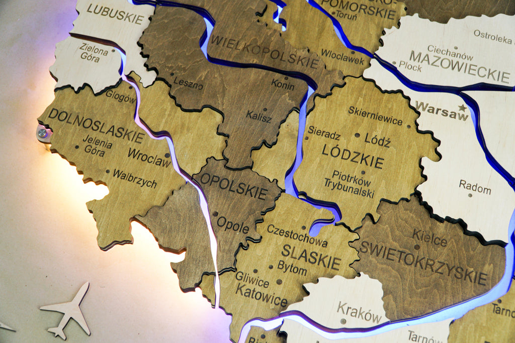 Drewniana wielowarstwowa mapa Polski z podświetlonymi rzekami, kolor Wonder