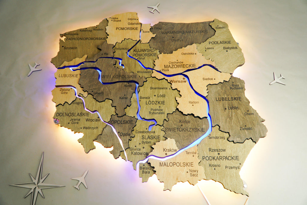 Drewniana wielowarstwowa mapa Polski z podswietlonymi rzekami, kolor Elis
