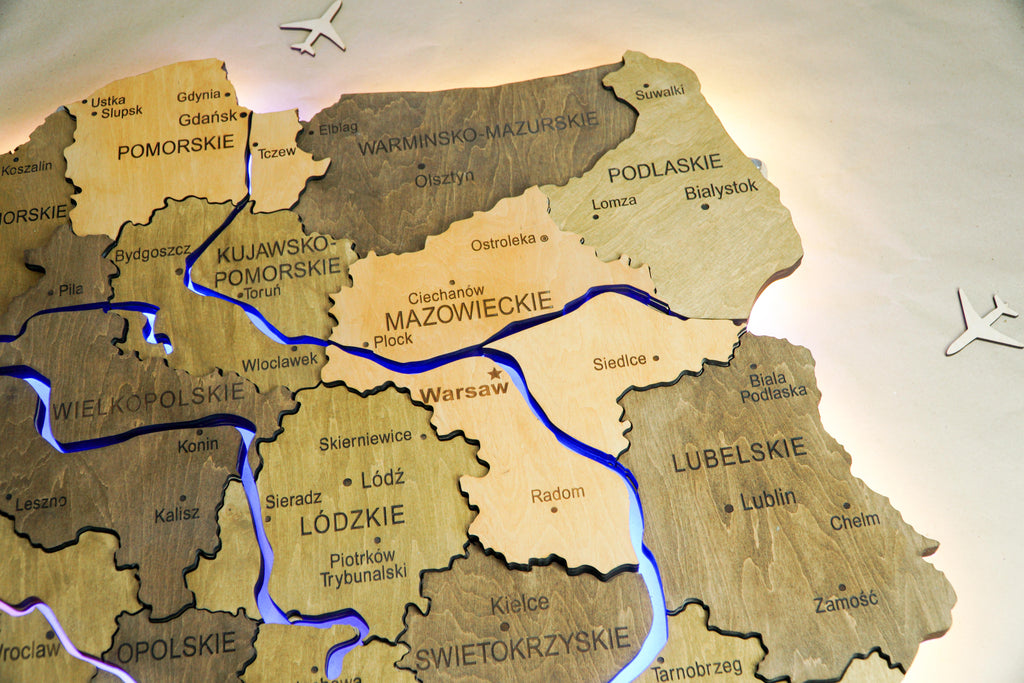Drewniana wielowarstwowa mapa Polski z podswietlonymi rzekami, kolor Elis