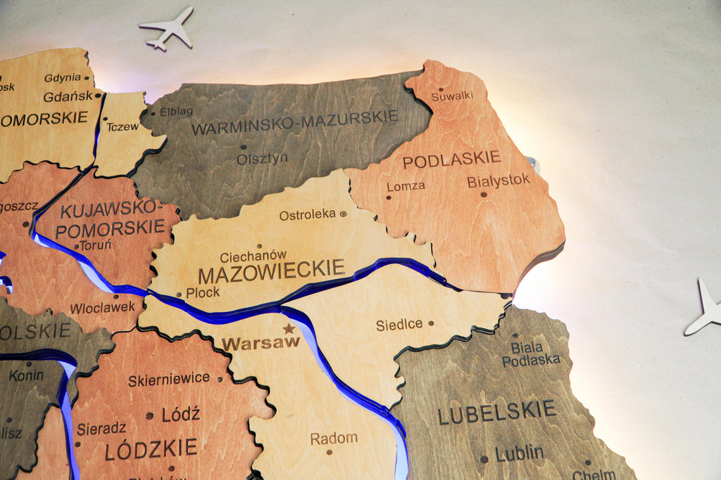 Drewniana wielowarstwowa mapa Polski z podświetlonymi rzekami, kolor Warm