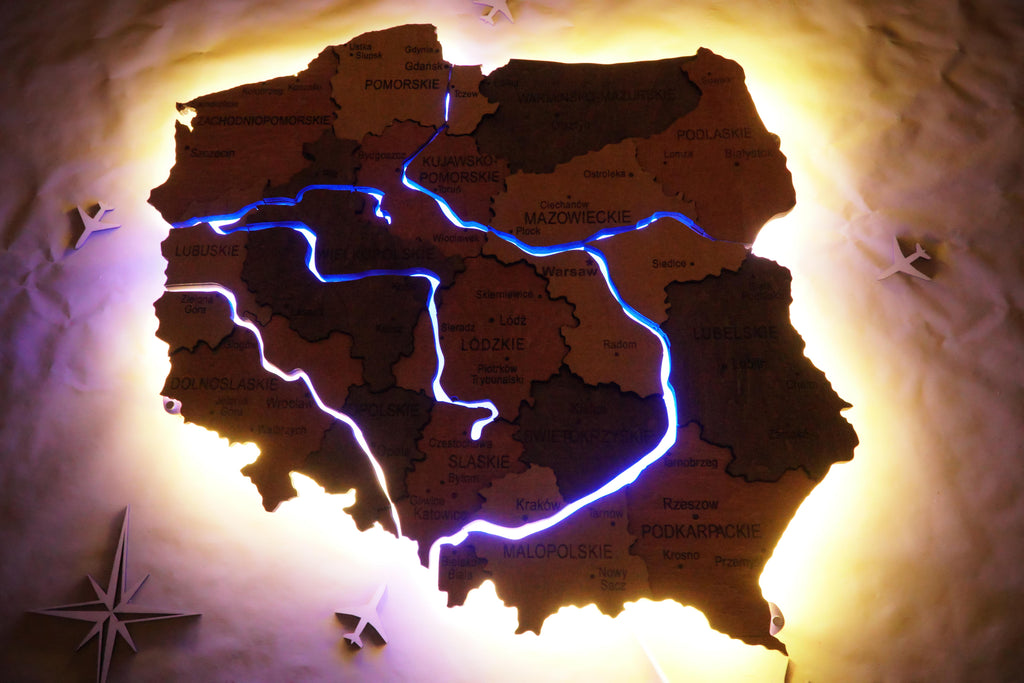 Drewniana wielowarstwowa mapa Polski z podświetlonymi rzekami, kolor Warm