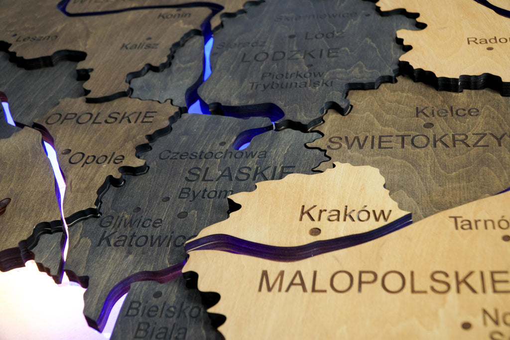 Drewniana wielowarstwowa mapa Polski z podswietlonymi rzekami, kolor Brute
