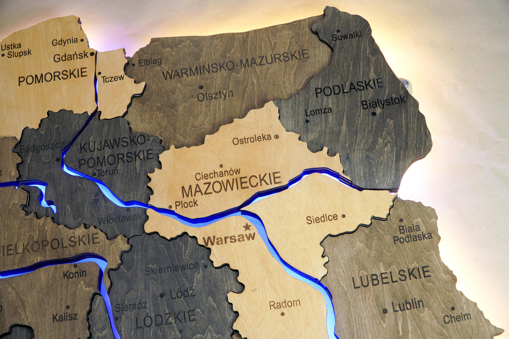 Drewniana wielowarstwowa mapa Polski z podswietlonymi rzekami, kolor Brute