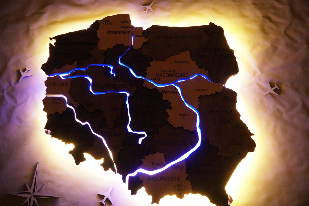 Drewniana wielowarstwowa mapa Polski z podswietlonymi rzekami, kolor Brute