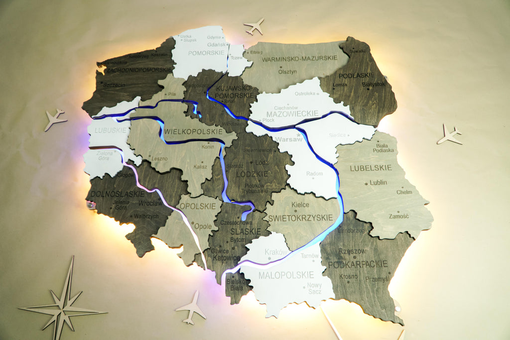Drewniana wielowarstwowa mapa Polski z podswietlonymi rzekami, kolor Czarno-bialy