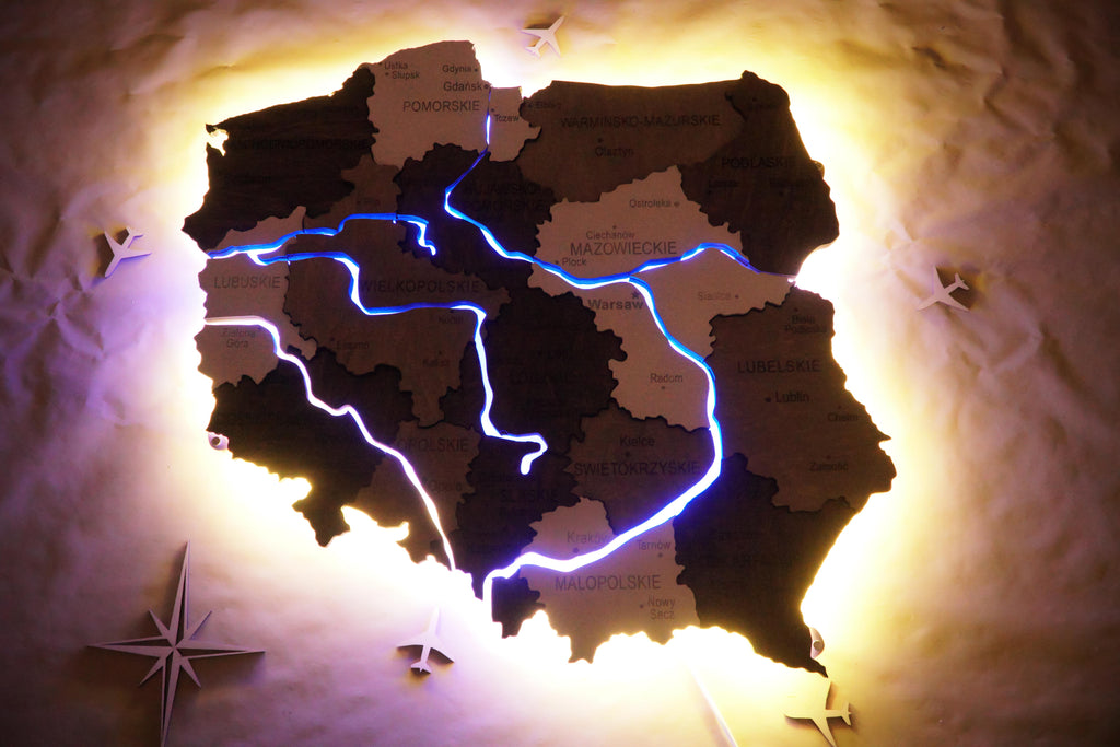 Drewniana wielowarstwowa mapa Polski z podswietlonymi rzekami, kolor Czarno-bialy