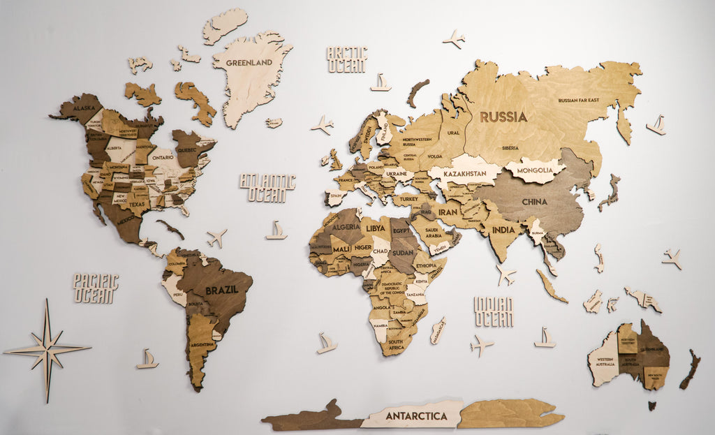 Drewniana wielowarstwowa mapa swiata 3D kolor Terra