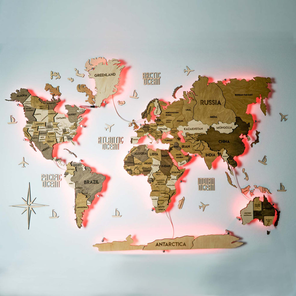 Drewniana wielowarstwowa mapa swiata 3D LED kolor Terra