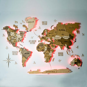 Drewniana wielowarstwowa mapa swiata 3D LED kolor Terra