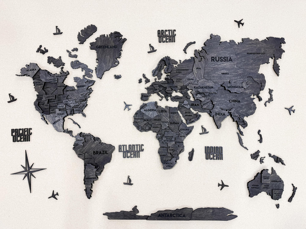 Drewniana wielowarstwowa mapa swiata 3D kolor Dark