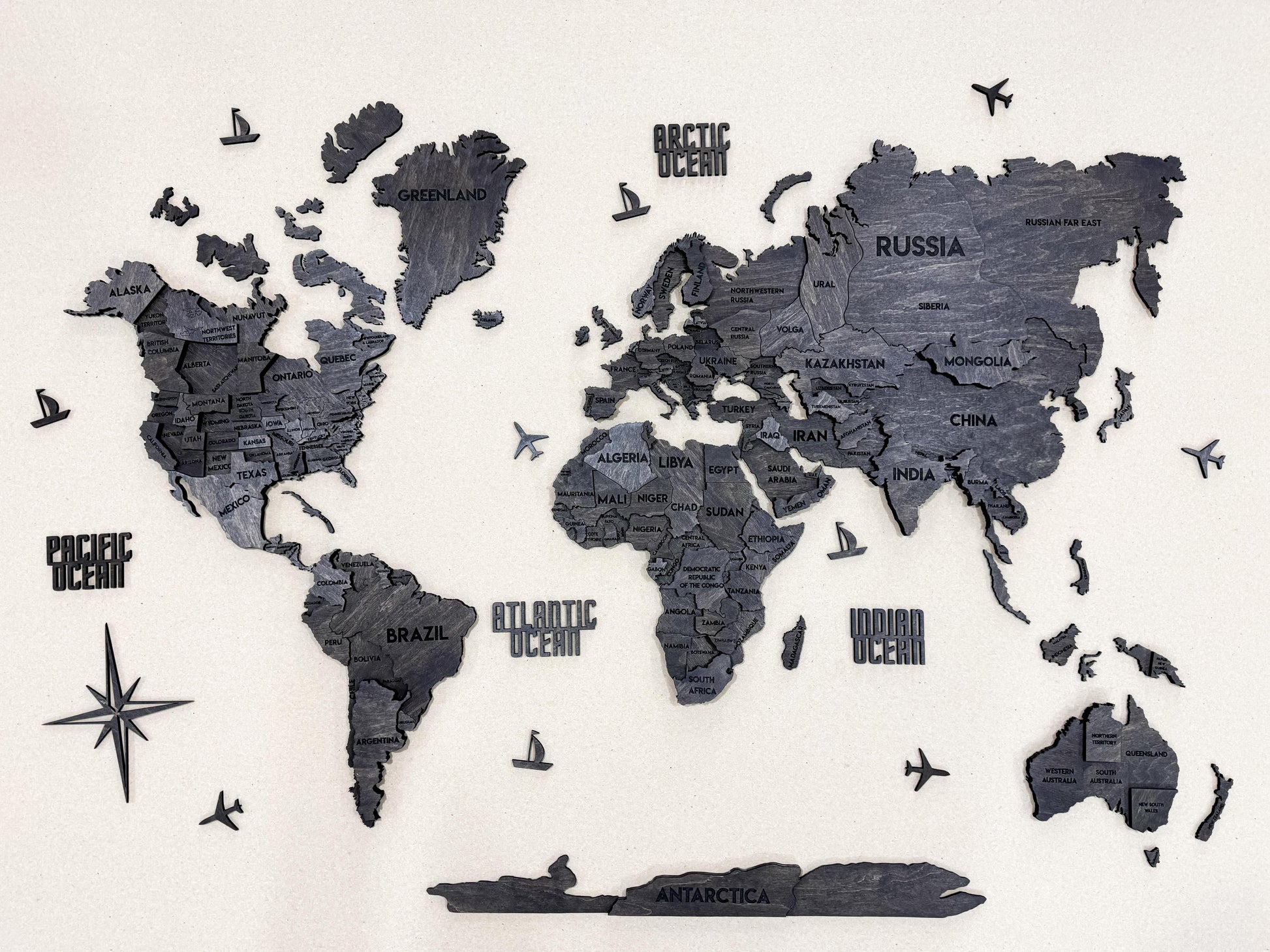 Drewniana wielowarstwowa mapa swiata 3D kolor Dark