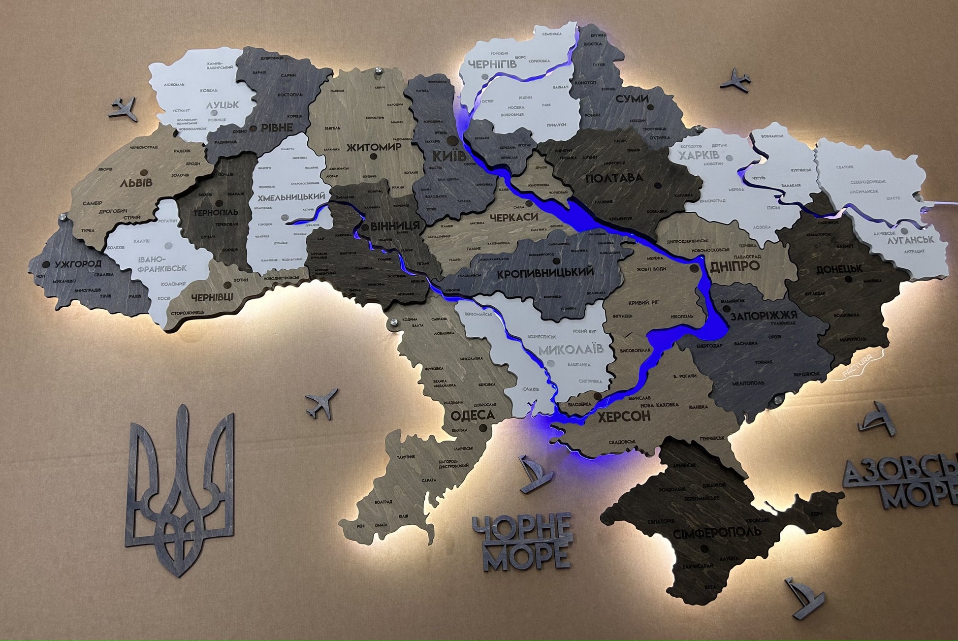 Wielowarstwowa mapa Ukrainy LED z podświetleniem rzek kolor Loft 2 panele dekoracyjne