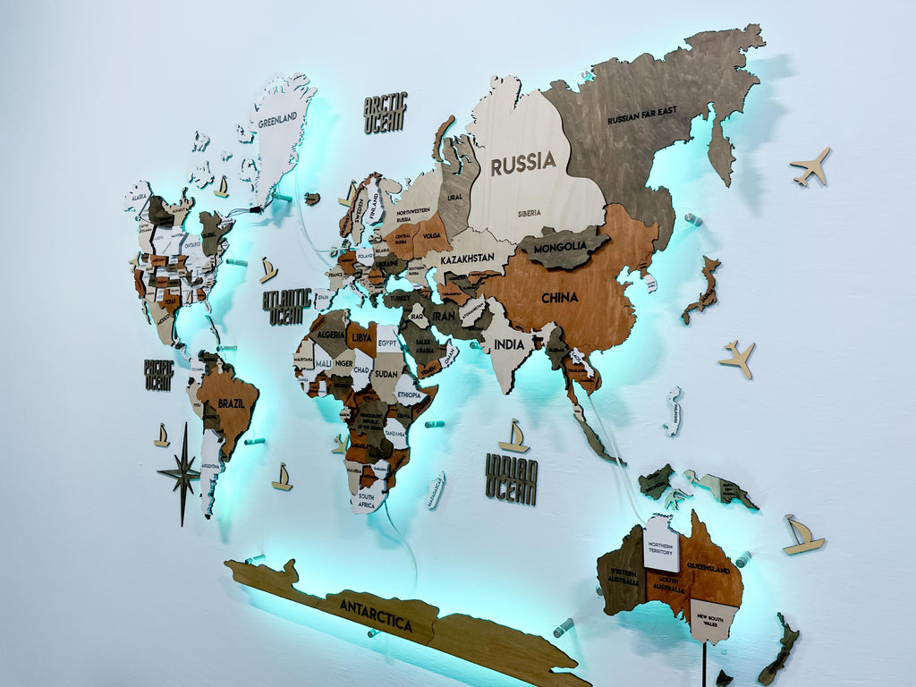 Drewniana wielowarstwowa mapa swiata 3D LED kolor Dublin