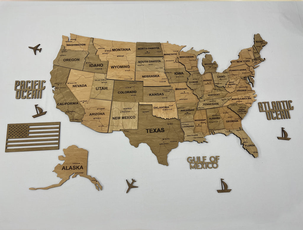 Drewniana mapa USA 3D, kolor Light Tree