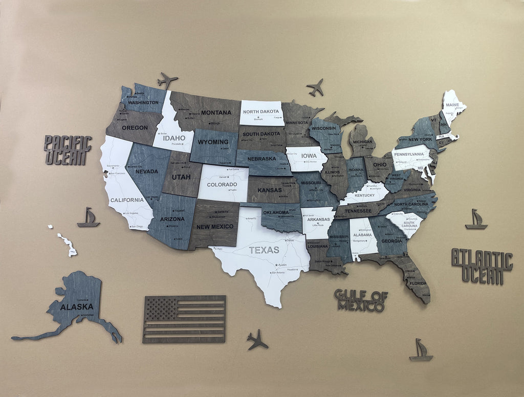 Drewniana mapa USA 3D, kolor Loft