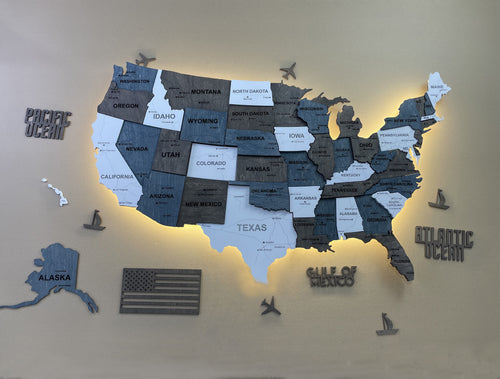Drewniana mapa USA 3D LED, kolor Loft