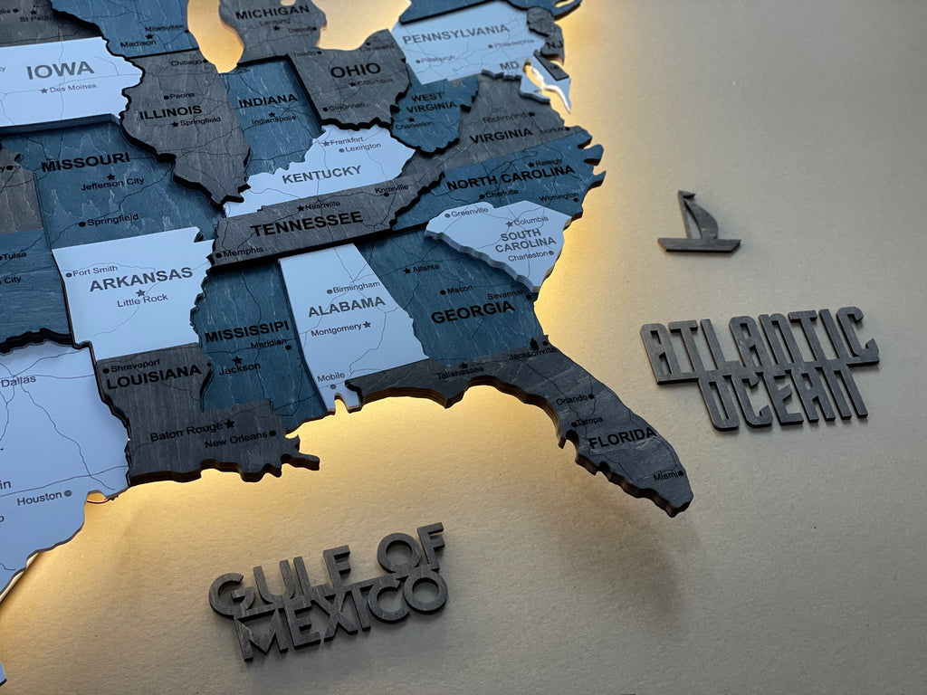 Drewniana mapa USA 3D LED, kolor Loft