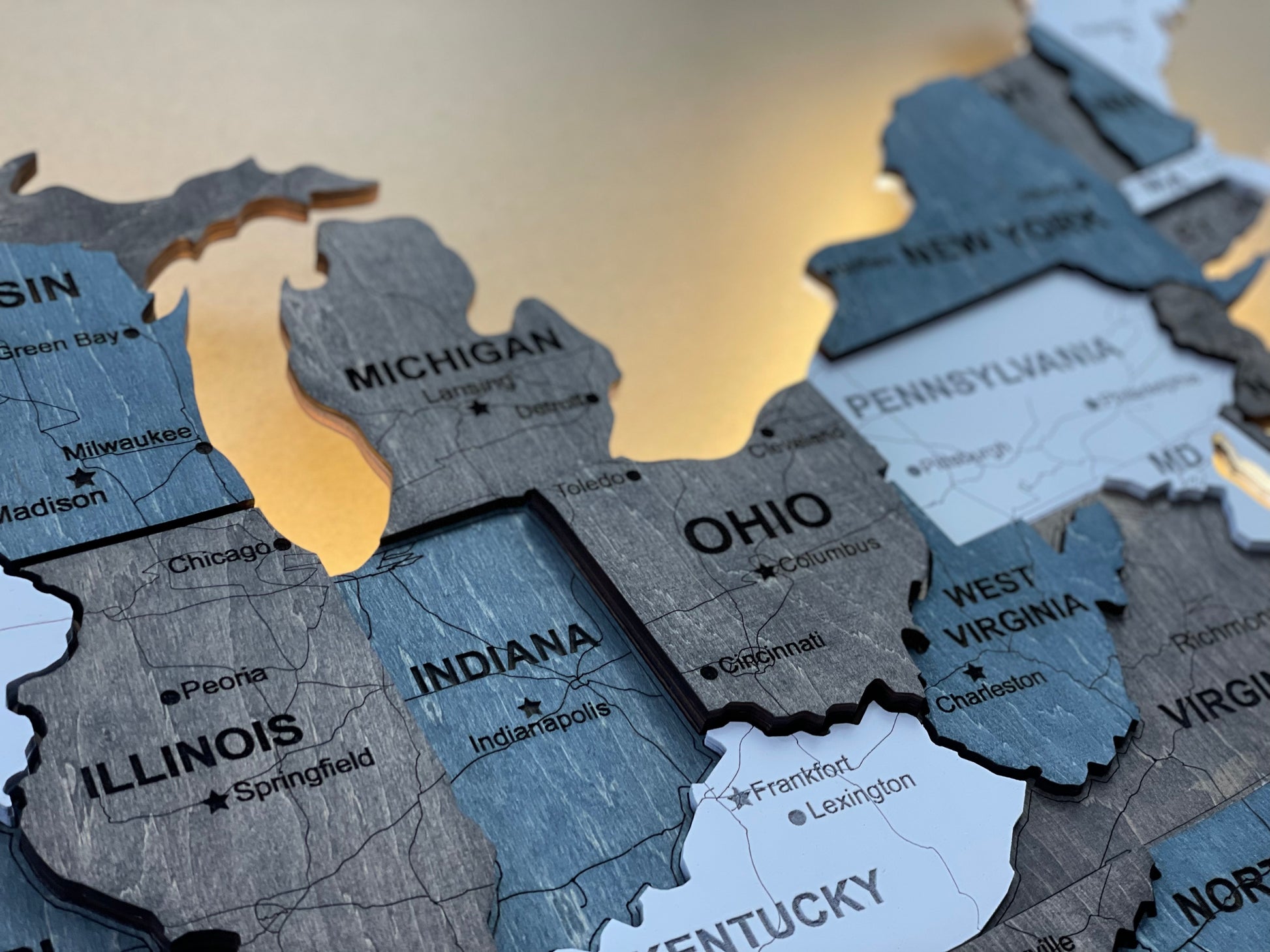 Drewniana mapa USA 3D LED, kolor Loft