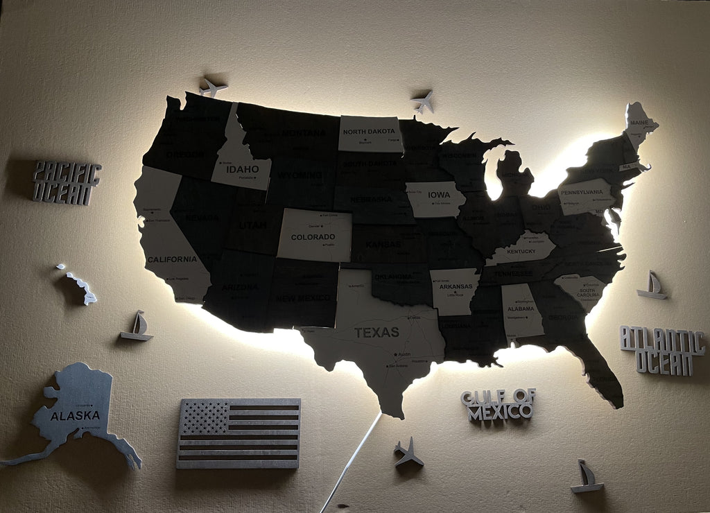 Drewniana mapa USA 3D LED, kolor Loft