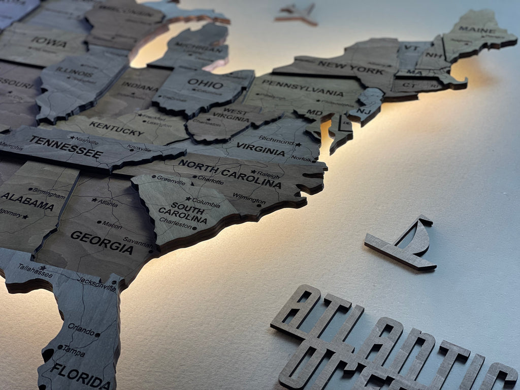 Drewniana mapa USA 3D LED, kolor Dark Nut